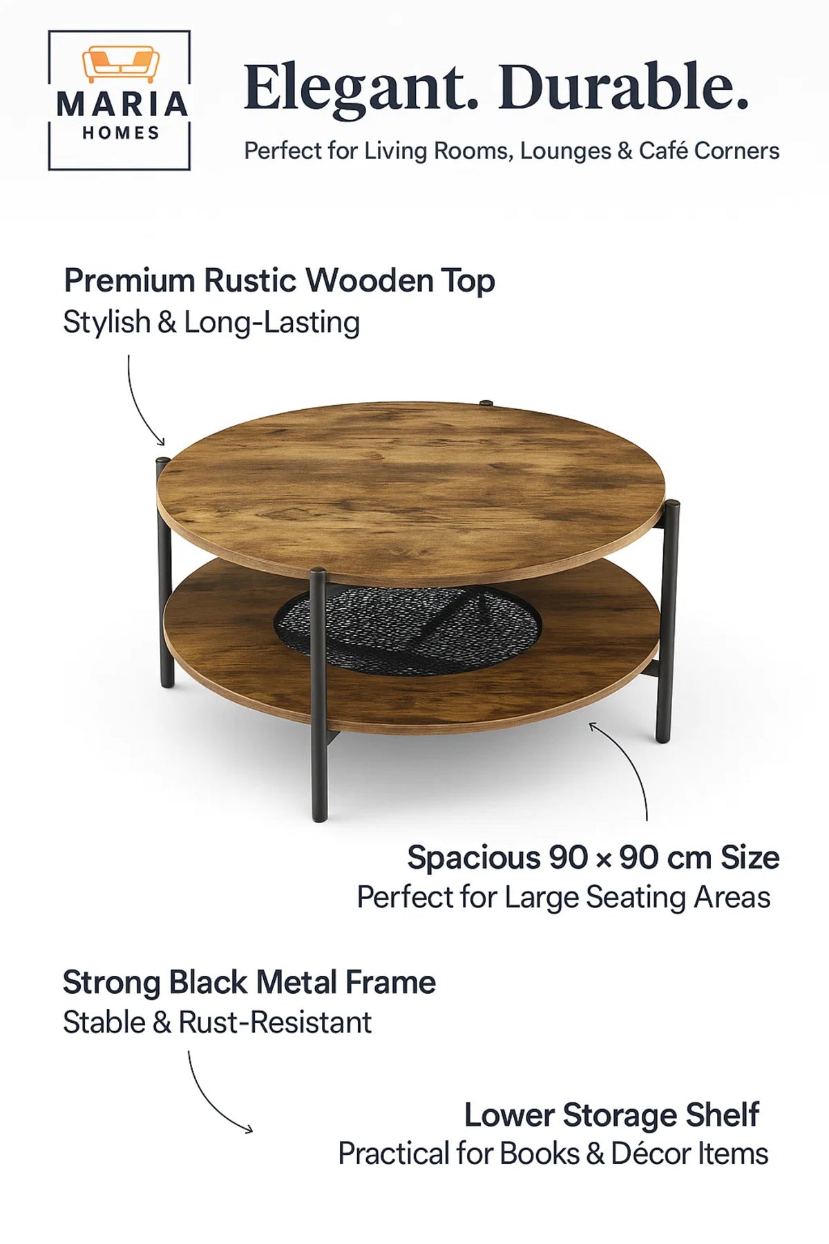 Round Brown Coffee Table √ê Modern Wooden Side Table with Storage Shelf 90_90_45 cm