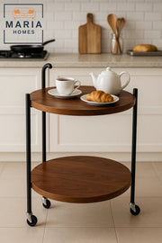 Round Wooden Bar Cart Ð 2-Tier Walnut Serving Trolley with Black Metal Frame and Caster Wheels