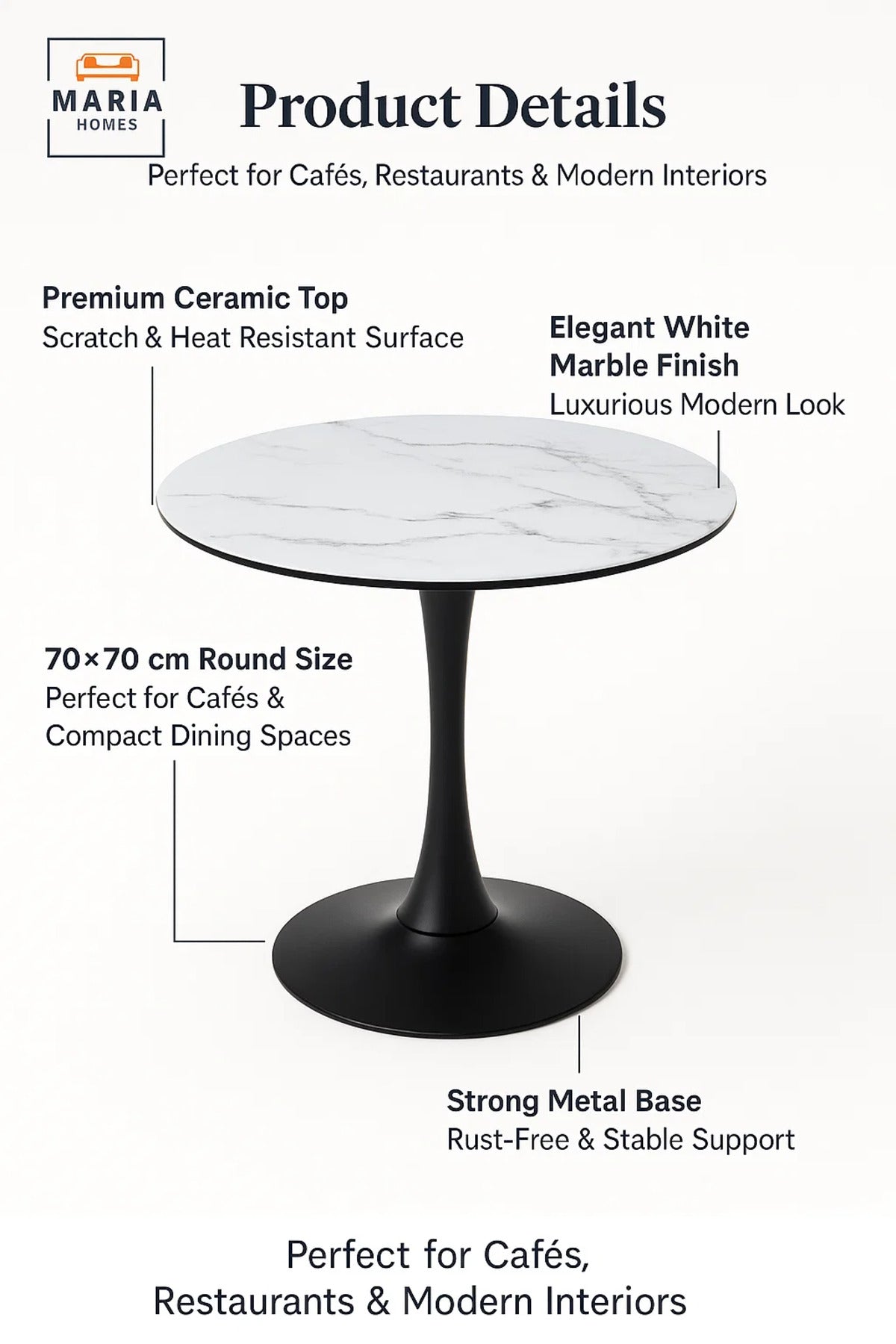 Round White Marble Dining Table √ê Modern Caf≈Ω, Restaurant, Office & Home Metal Furniture 70_70