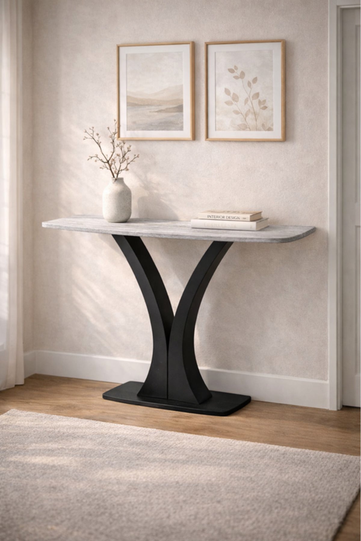 Light Grey Console Table with Black Metal Base Modern Entryway light grey console