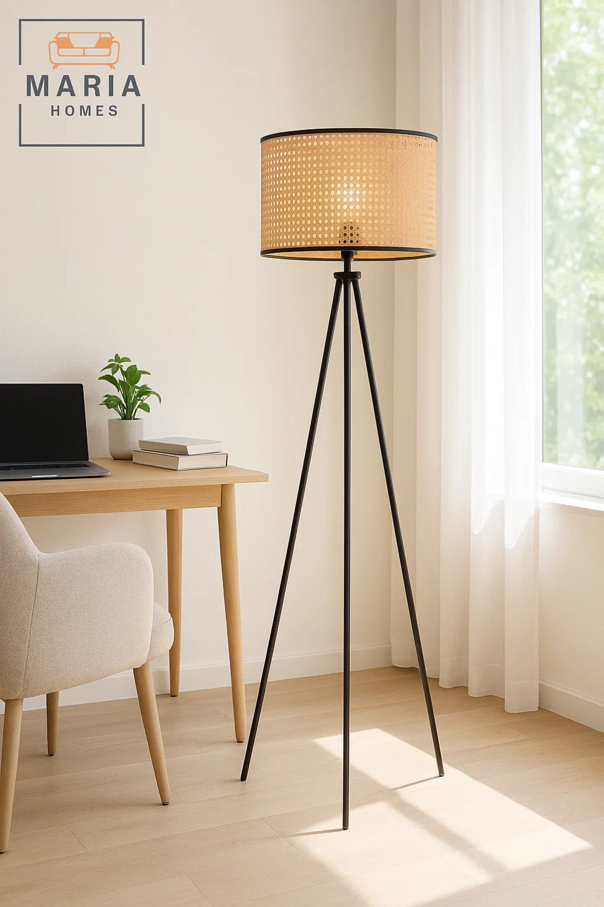 Tripod Floor Lamp with Rattan Drum Shade