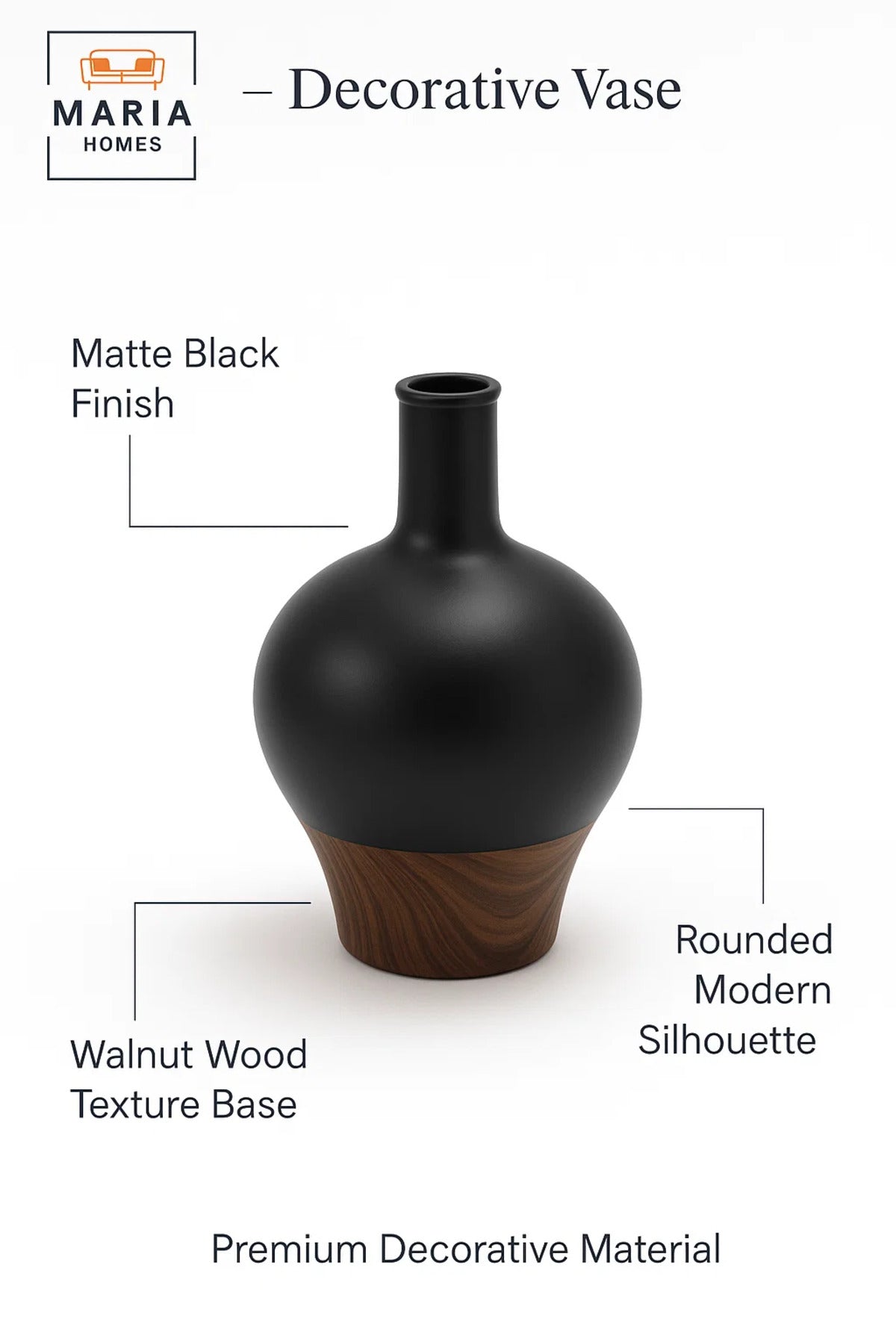 Modern Decorative Vase √ê Matte Black Flower Vase √ê Wood-Effect Home Decor Accessory