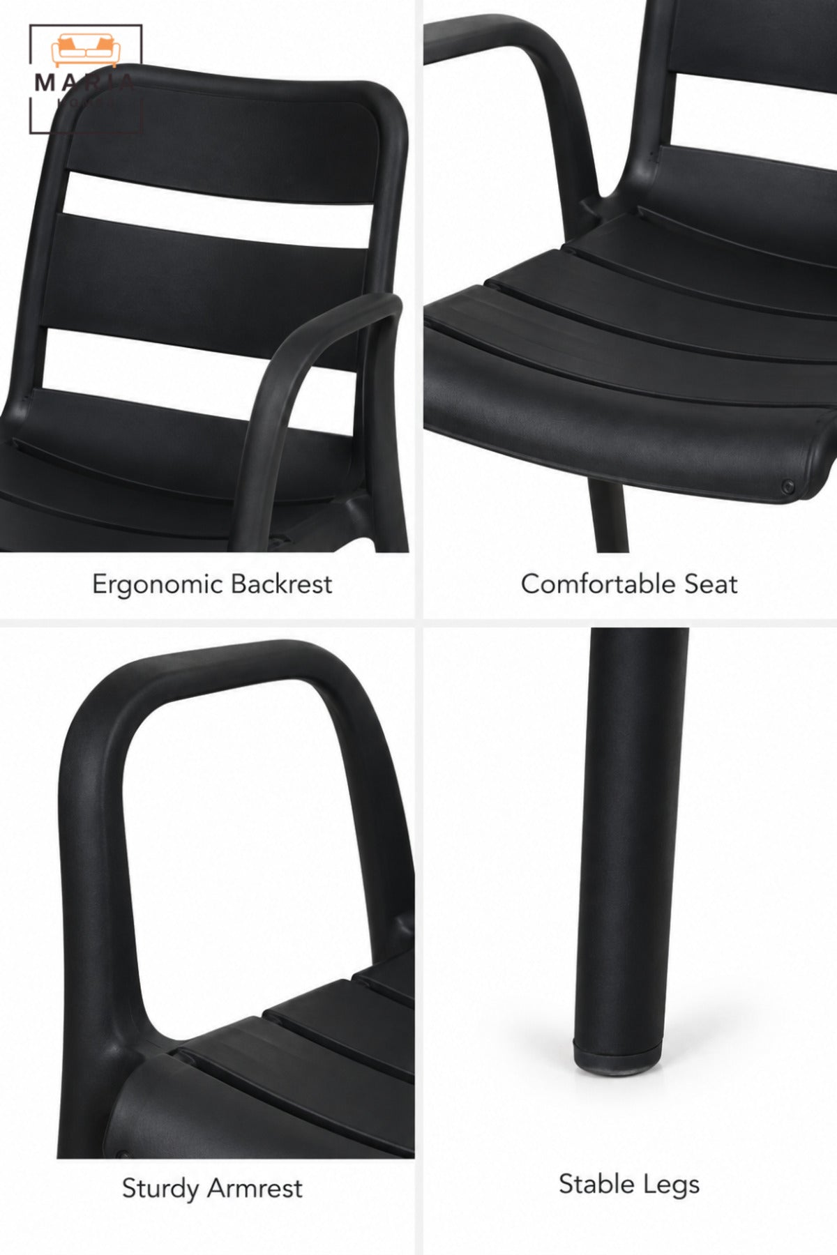 Modern Black Garden Chair with Armrests, Slatted Open Backrest and Comfortable Curved Seat for Patio, Balcony, Terrace, Café & Outdoor Seating