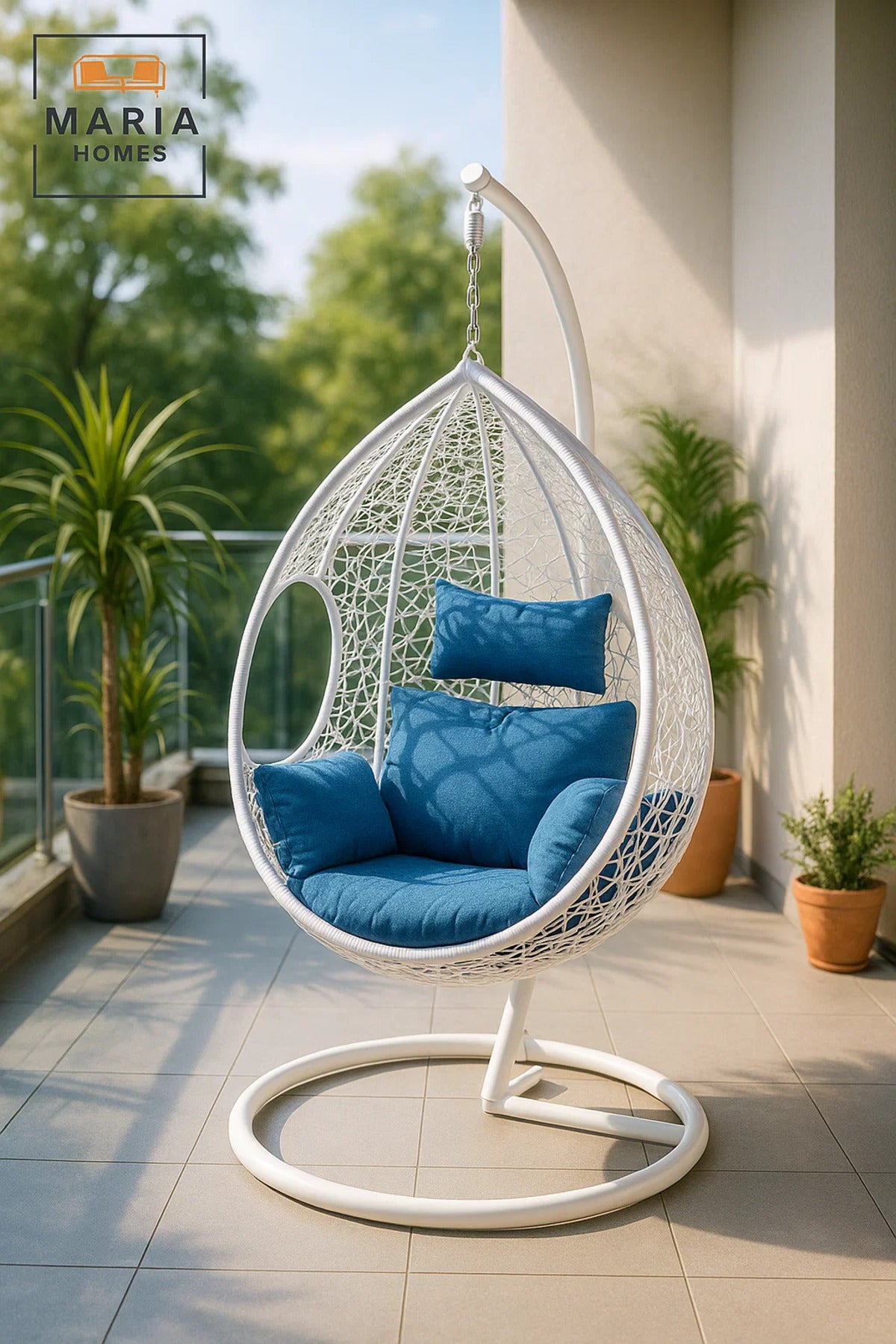 White Hanging Swing Chair with Blue Cushion and Steel Stand for Balcony Garden Patio