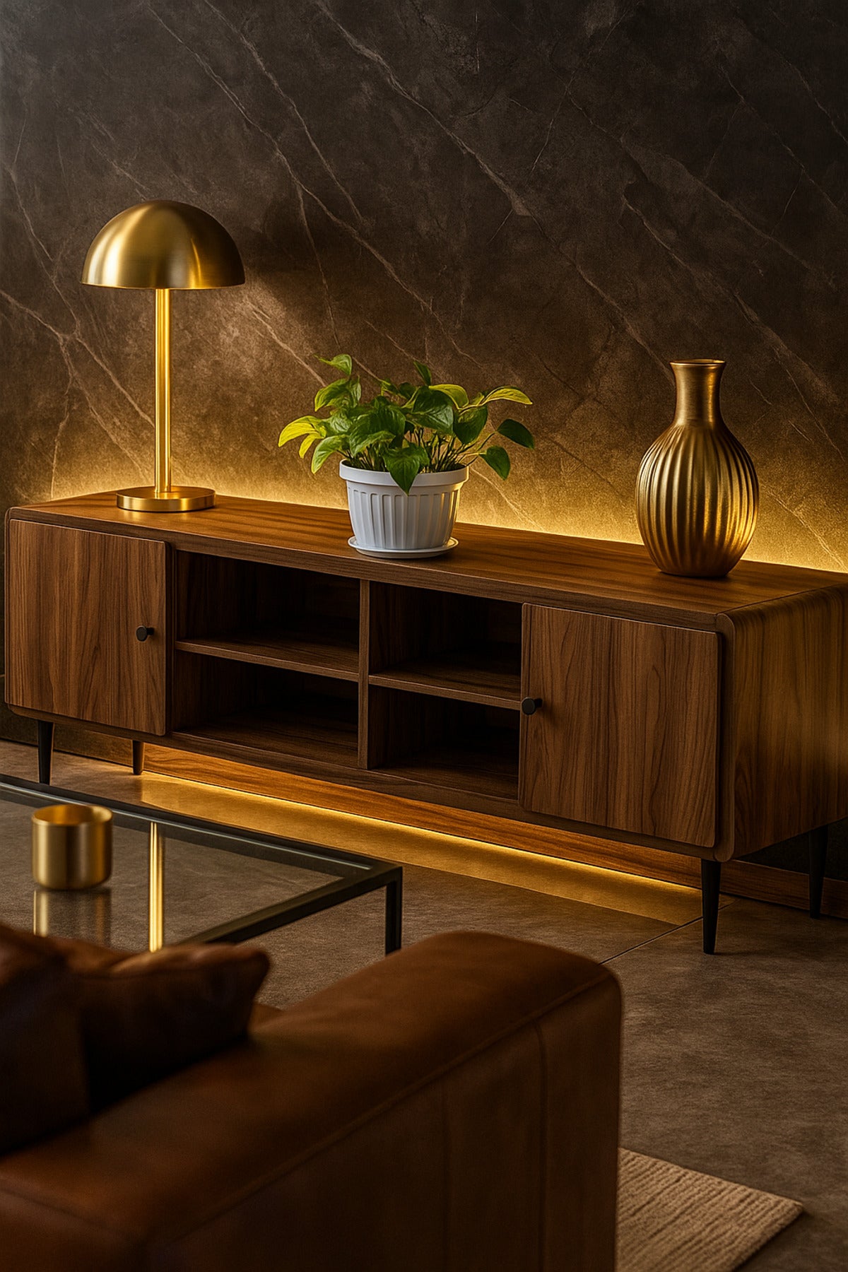 Modern Walnut TV Cabinet 163_40_54 cm Wooden Entertainment Unit with Open Shelves and Side Cabinets