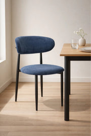 Modern Blue Fabric Dining Chair with Curved Backrest & Solid Wood Legs