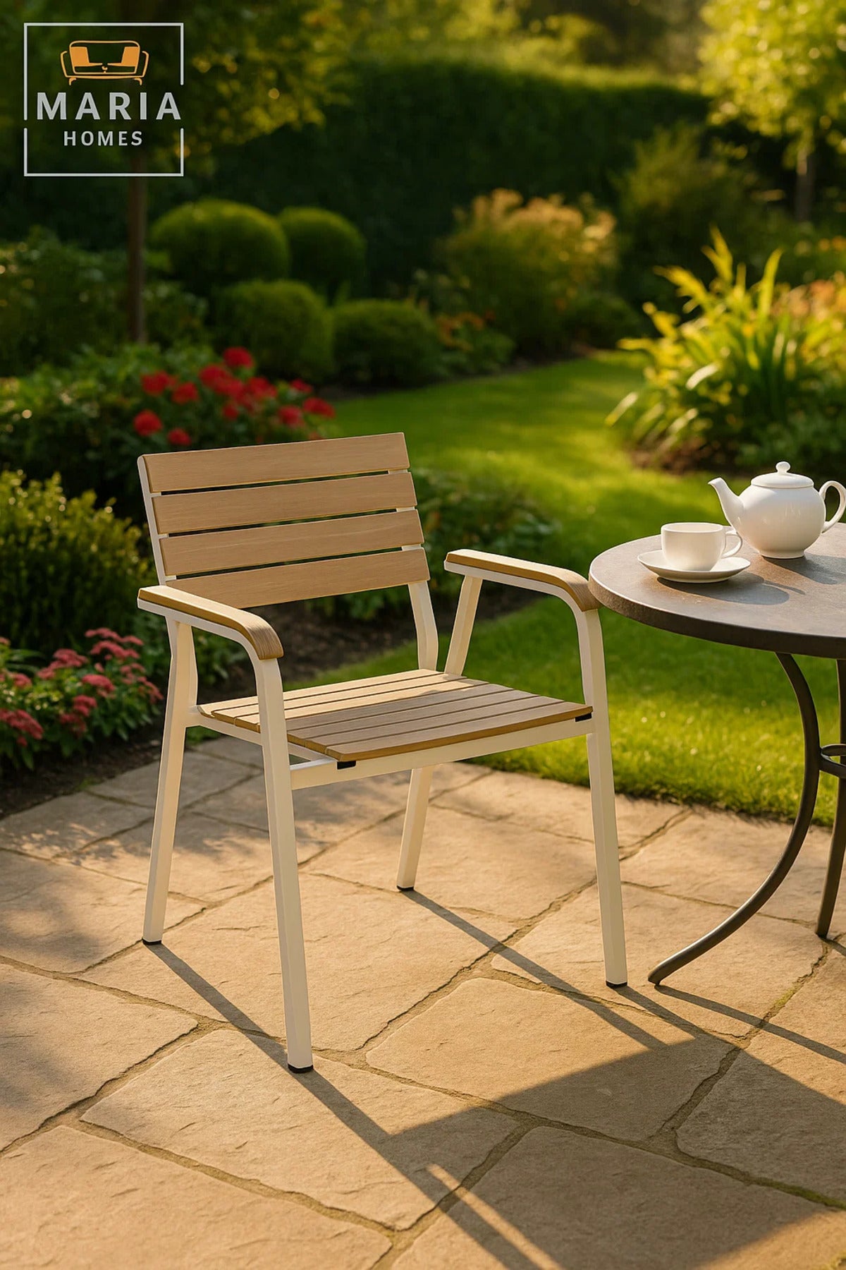 White & Beige Outdoor Dining Armchair Metal Frame Wooden Look Garden Patio Balcony Durable Chair