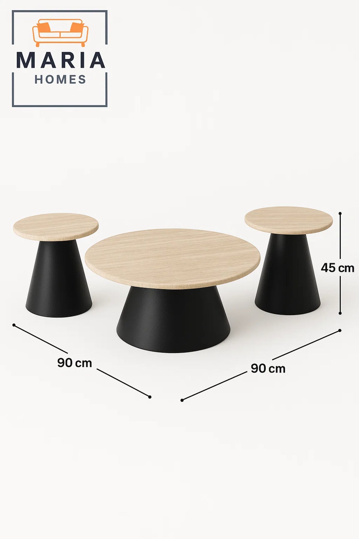 Modern Nesting Coffee Table Set 3-Piece Beige Marble Top with Black Cone Base for Living Rooms