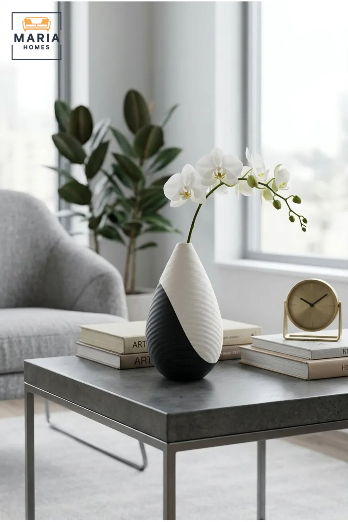 Modern Decorative Flower Vase with Two-Tone Abstract Design, Teardrop Shape and Ribbed Texture for Living Room, Bedroom, Office, Shelf and Console Décor