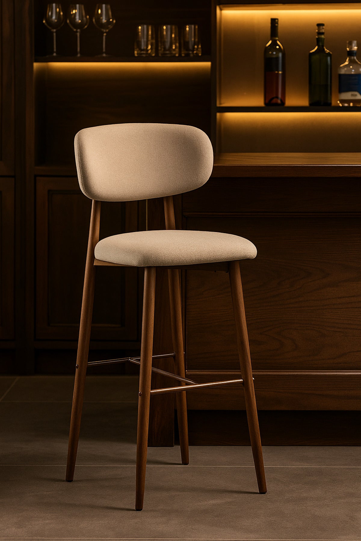 Beige Fabric Bar Stool Ð Modern High Chair with Backrest & Wooden Legs for Kitchen or CafŽ