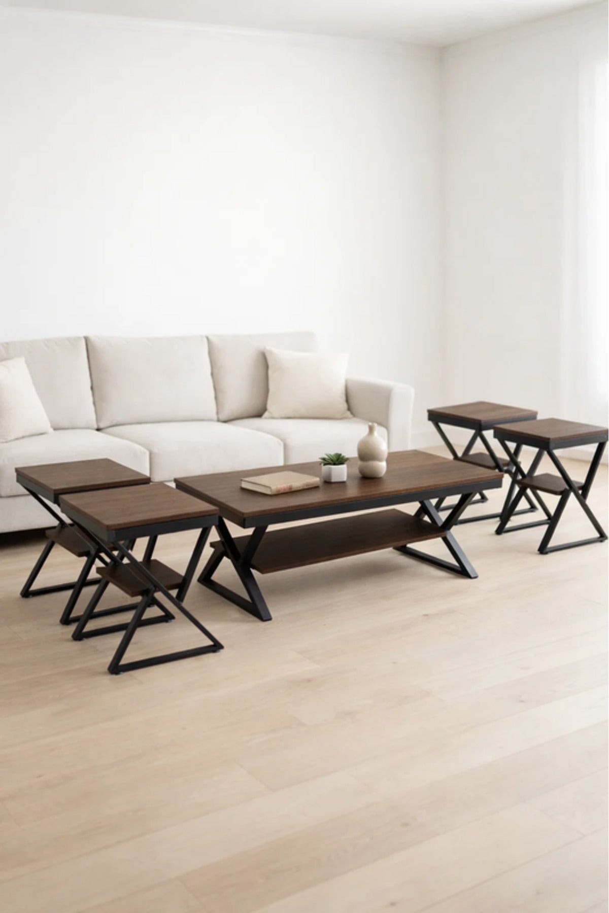 Modern 5-Piece COFEE Center Table Set with Metal Frame and Wood Finish