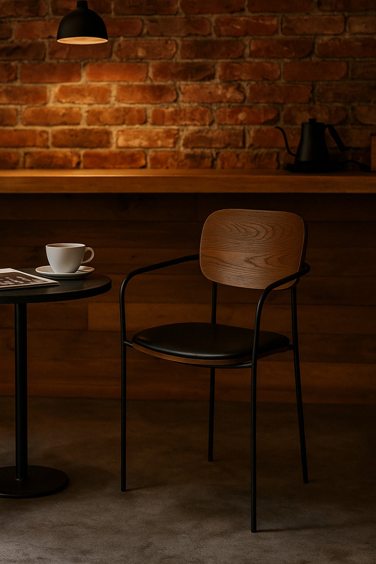 Dark Walnut Dining Chair Ð Modern Wood and Metal Armchair with Black Seat for Dining Room