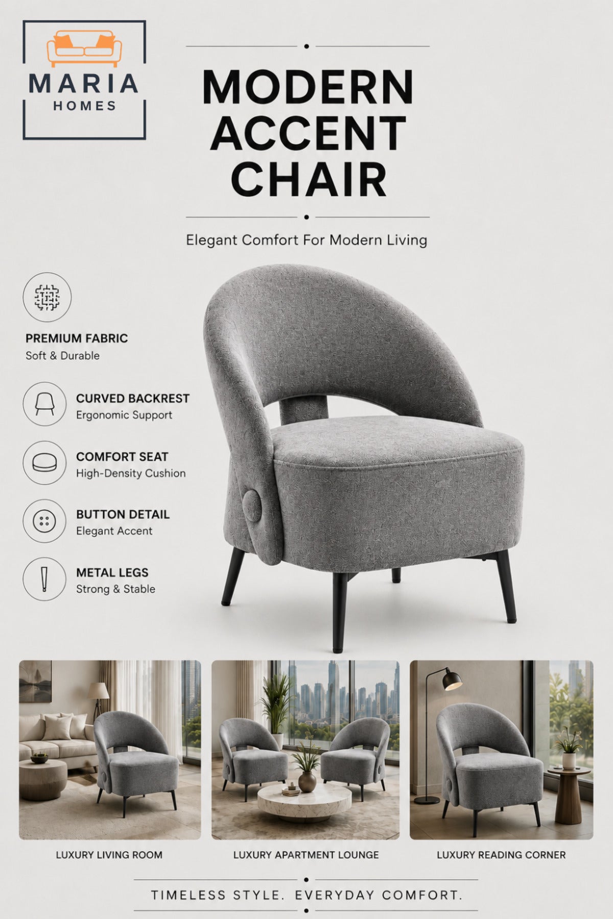 Modern Accent Chair Upholstered Lounge Chair Fabric Armchair for Living Room Bedroom Grey