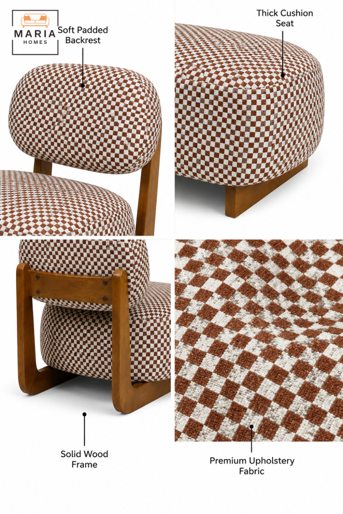 Modern Checkered Upholstered Accent Chair with Wooden Frame & Padded Backrest | Contemporary Armless Lounge Chair for Living Room, Bedroom & Reception