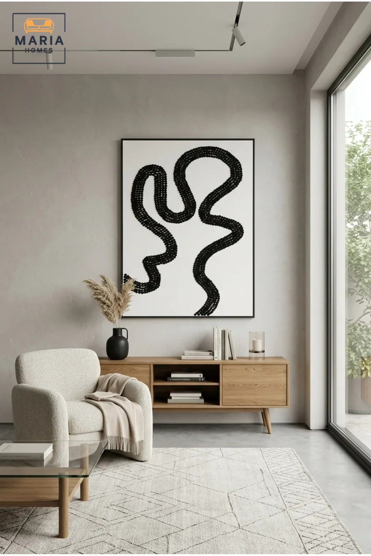 Modern Abstract Textured Wall Art with Slim Black Frame, Black Line Design on White Canvas for Living Room, Bedroom, Hallway and Office Décor