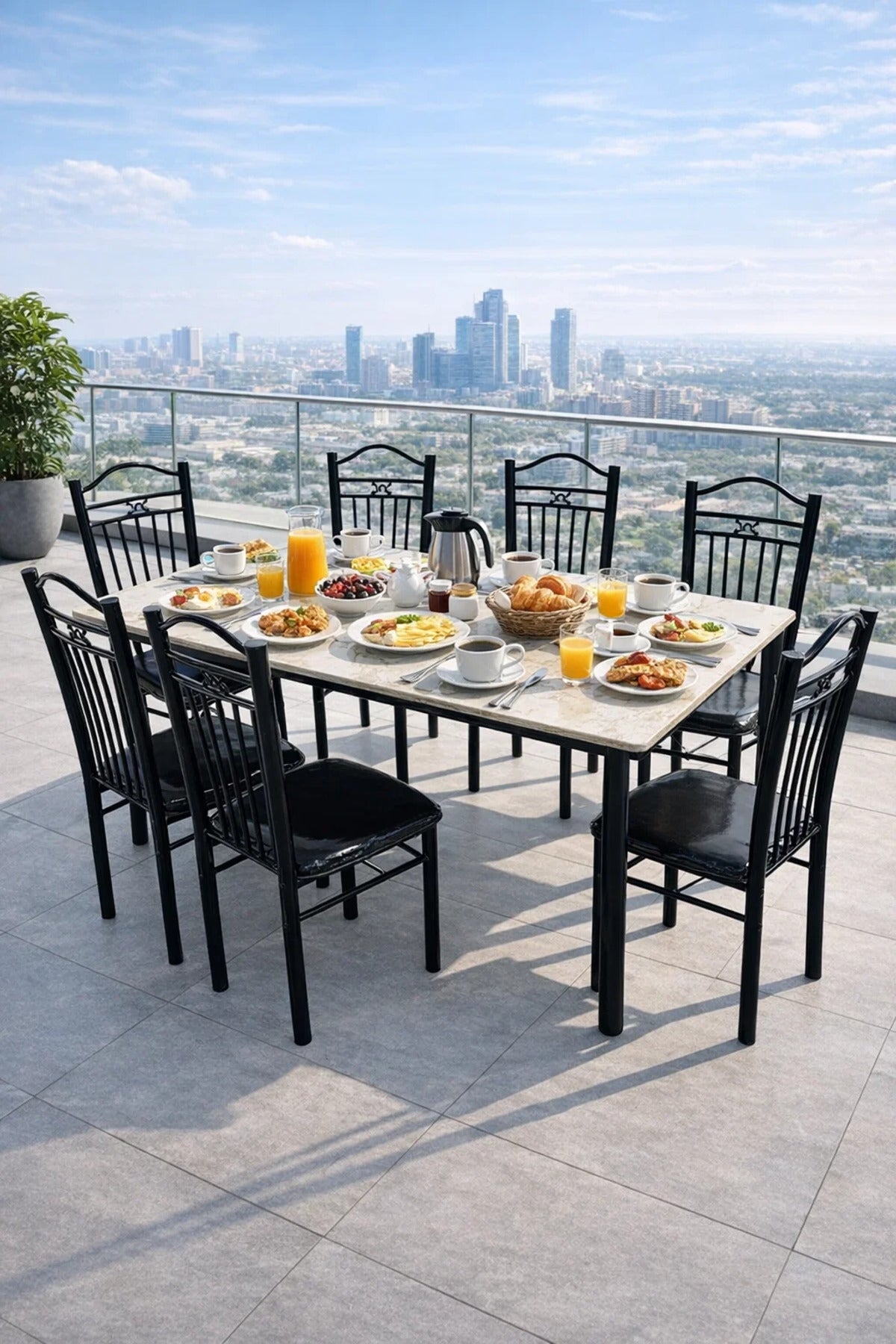 Elegant Beige Marble Dining Table Set with 6 Black Cushioned Chairs Modern Dining Furniture