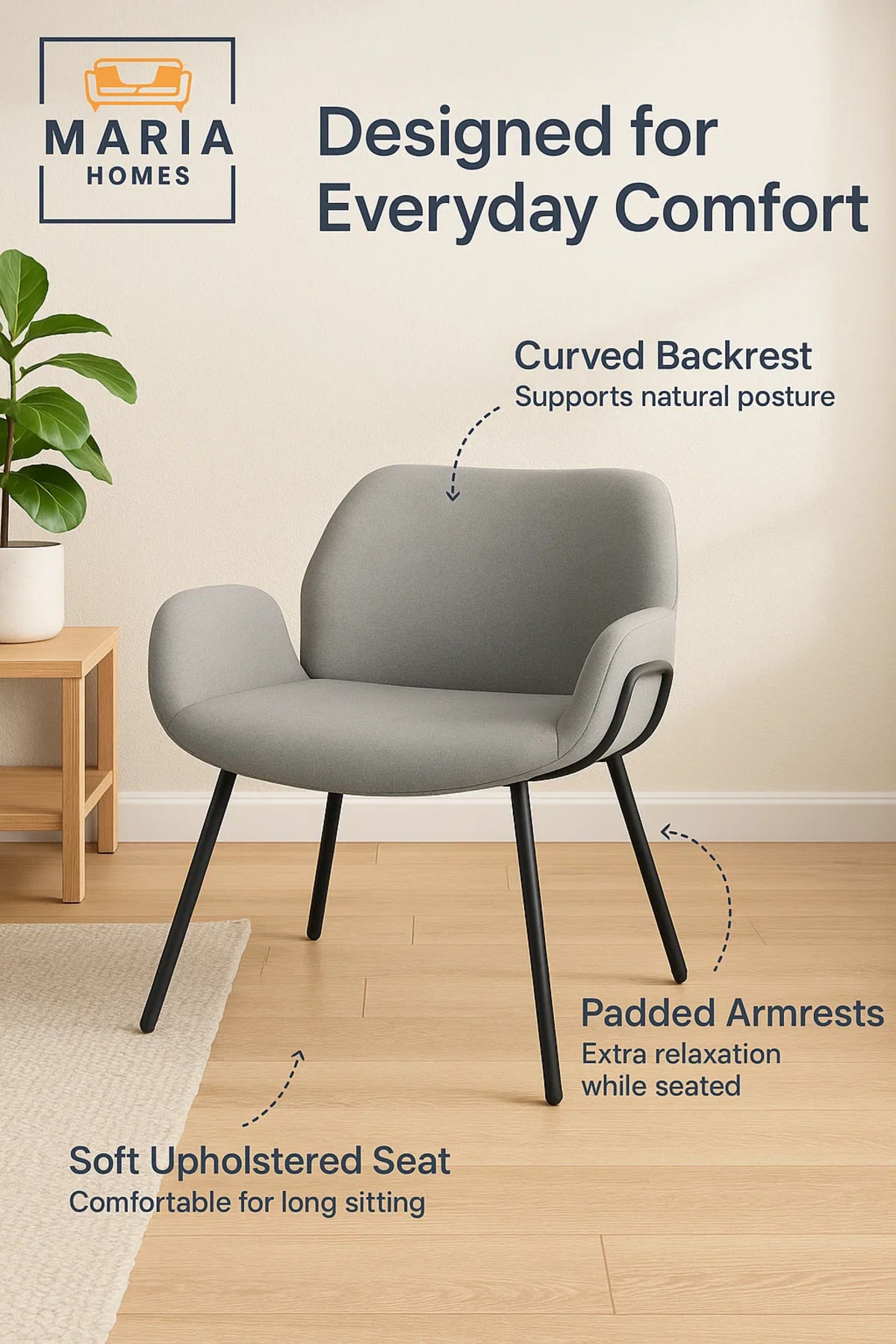 Grey Fabric Armchair with Black Metal Legs Ð Modern Padded Chair for Living Room or Office