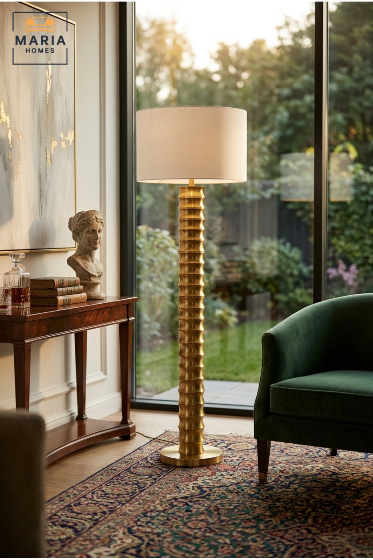 Modern Gold Ribbed Floor Lamp with Tall Sculptural Column, Fabric Drum Shade and Round Base Decorative Standing Light for Living Room Bedroom Office