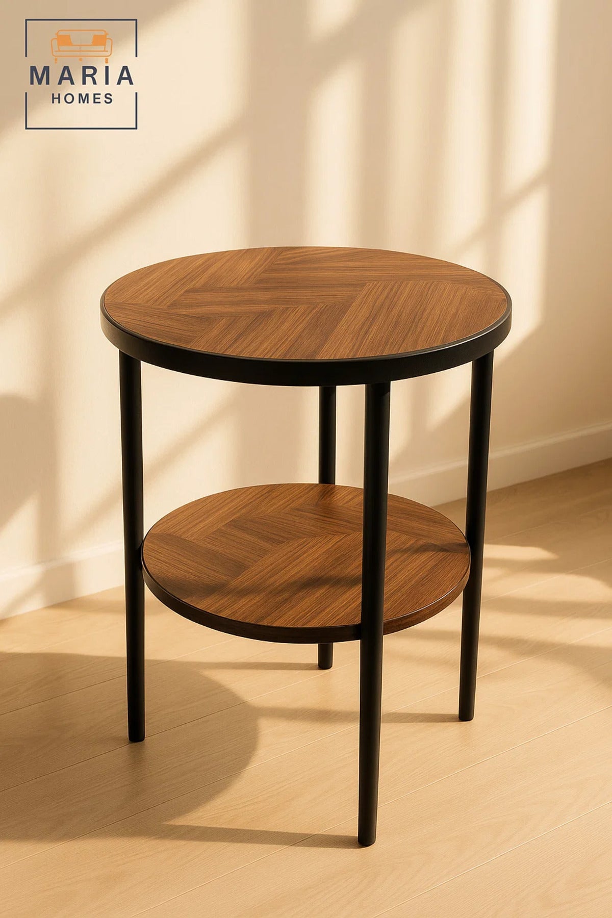 Round Wooden Side Table with Shelf Ð Herringbone Pattern & Black Frame