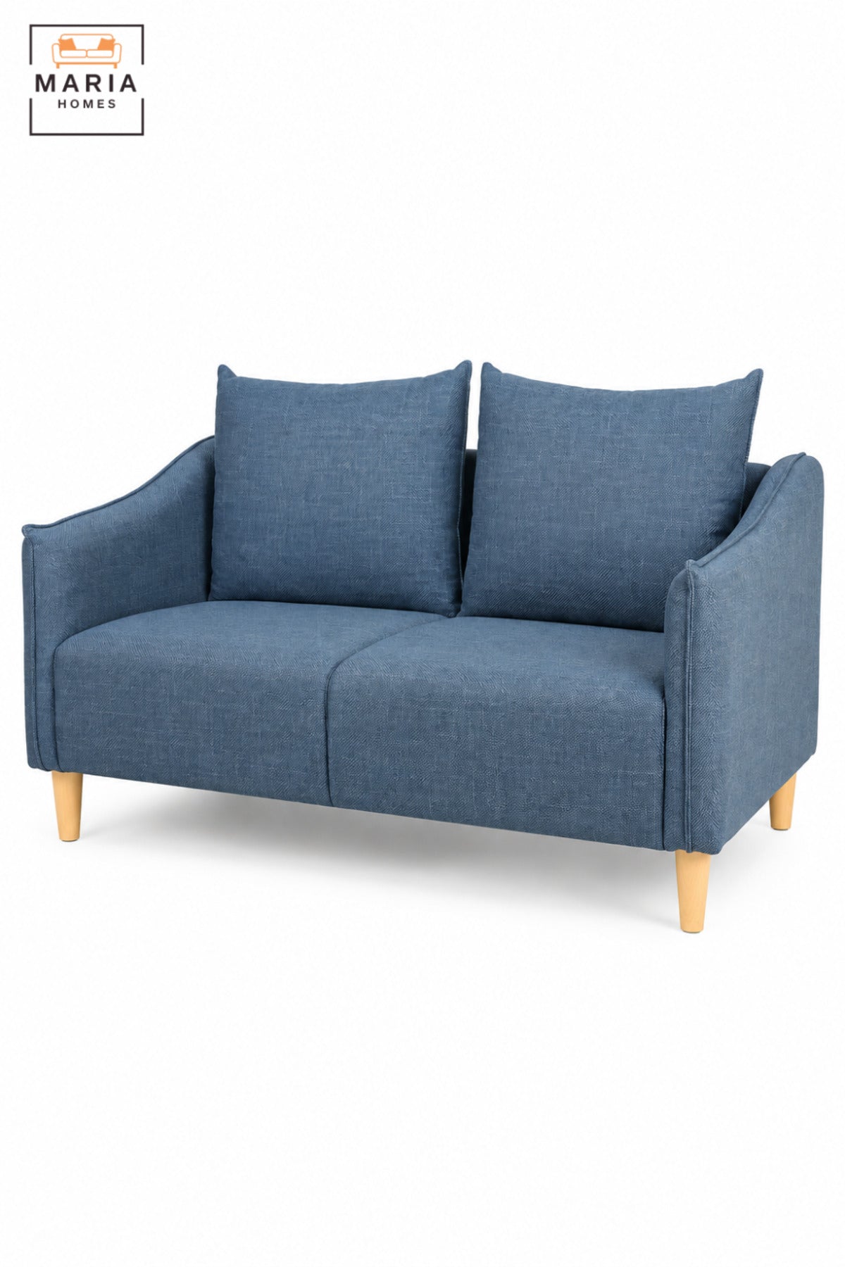 Modern Blue 2 Seater Fabric Sofa with Soft Back Cushions, Comfortable Loveseat with Armrests and Wooden Legs for Living Room, Bedroom & Lounge