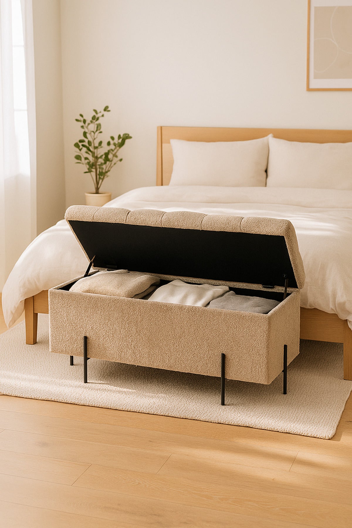Storage Bench with Tufted Seat & Black Metal Legs Ð Modern Ottoman 110_43_49 cm