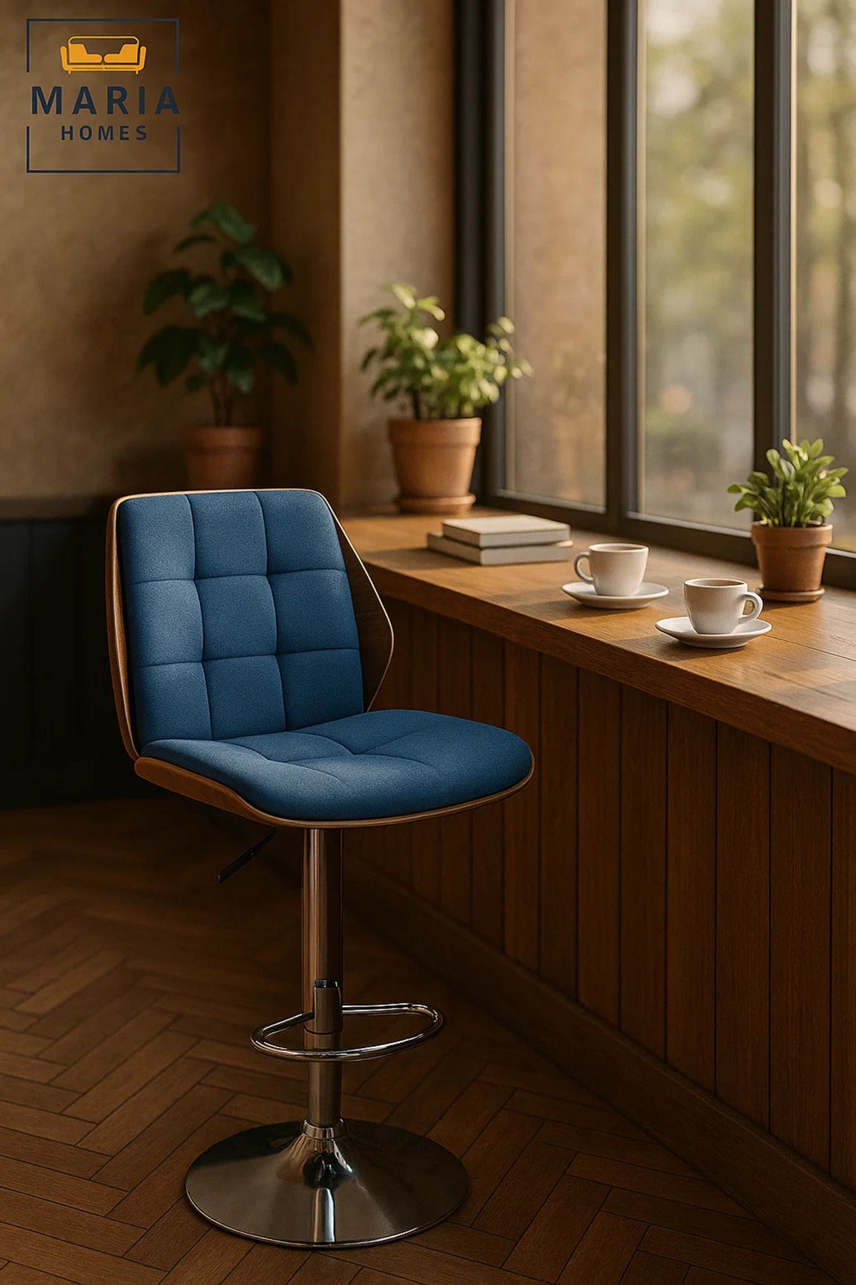 Dark Blue Adjustable Swivel Bar Stool with Chrome Base, Modern Upholstered Kitchen & Bar Chair