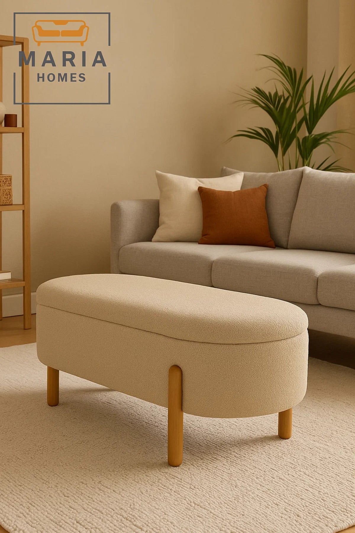 Beige Oval Ottoman with Tall Wooden Legs