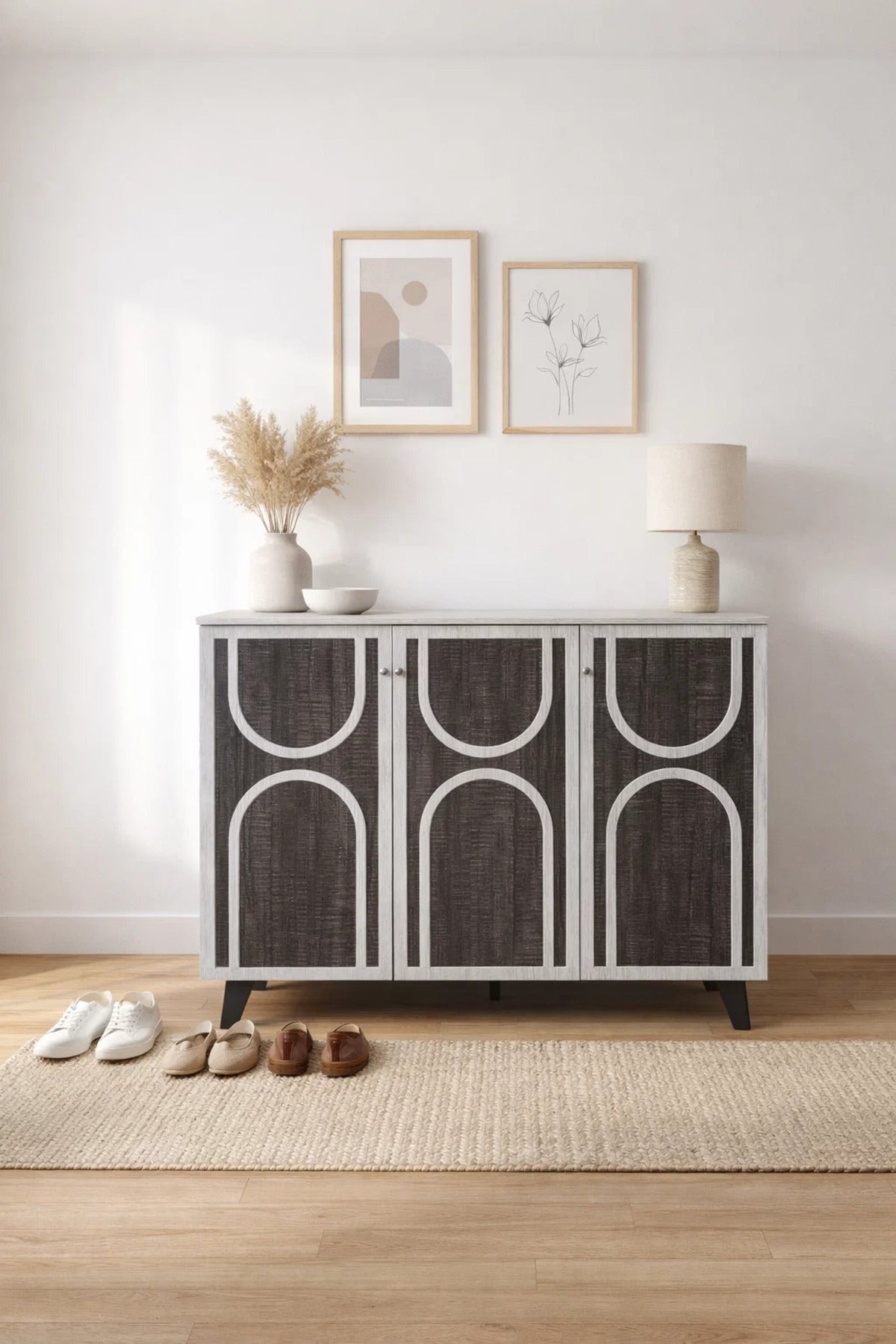 Modern 3-Door Shoe Cabinet Entryway Storage Organizer Geometric Design Grey Wood Finish 120cm