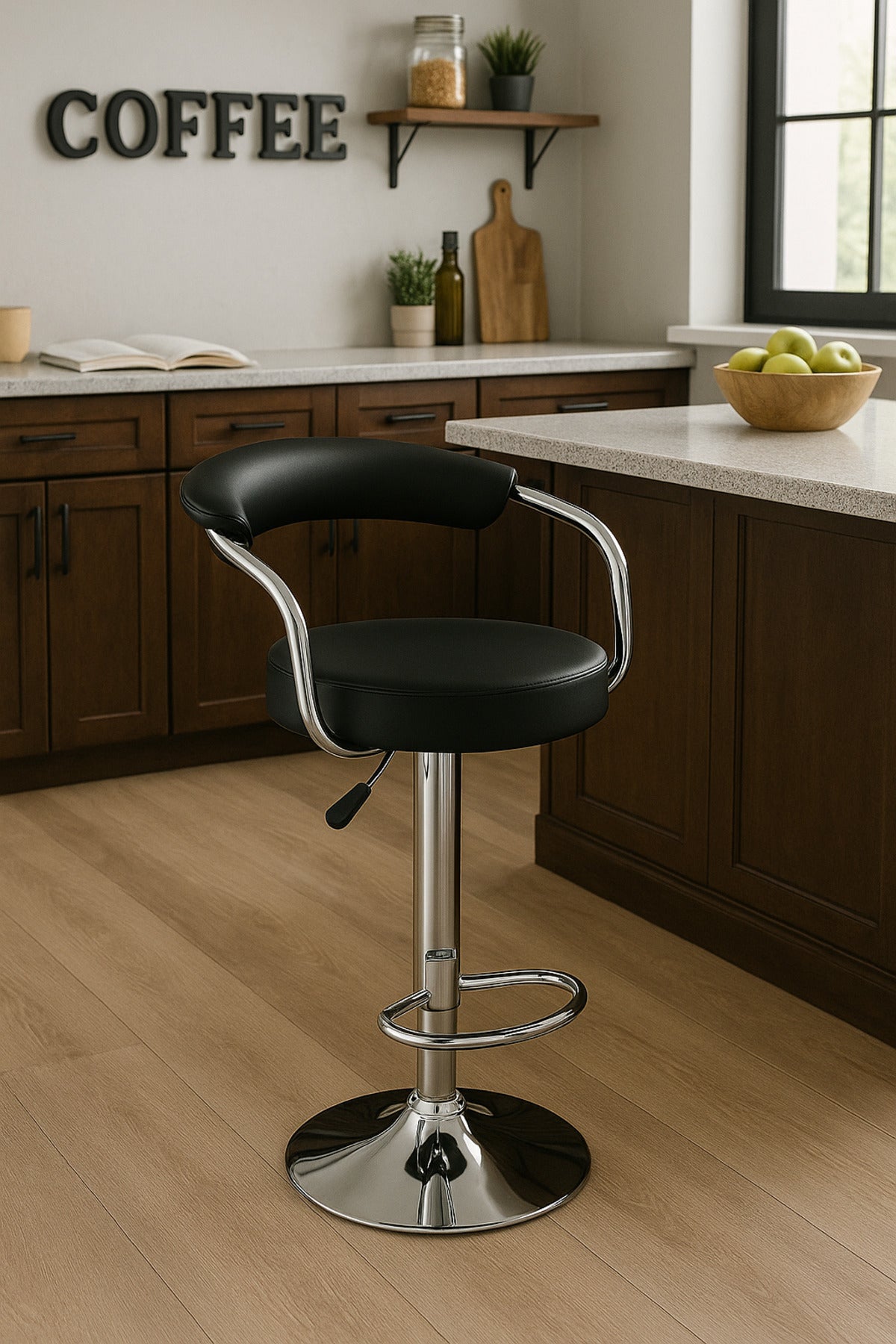 Adjustable Black Bar Stool With Chrome Base And Curved Backrest Ð Modern Design For Home Or Bar Use