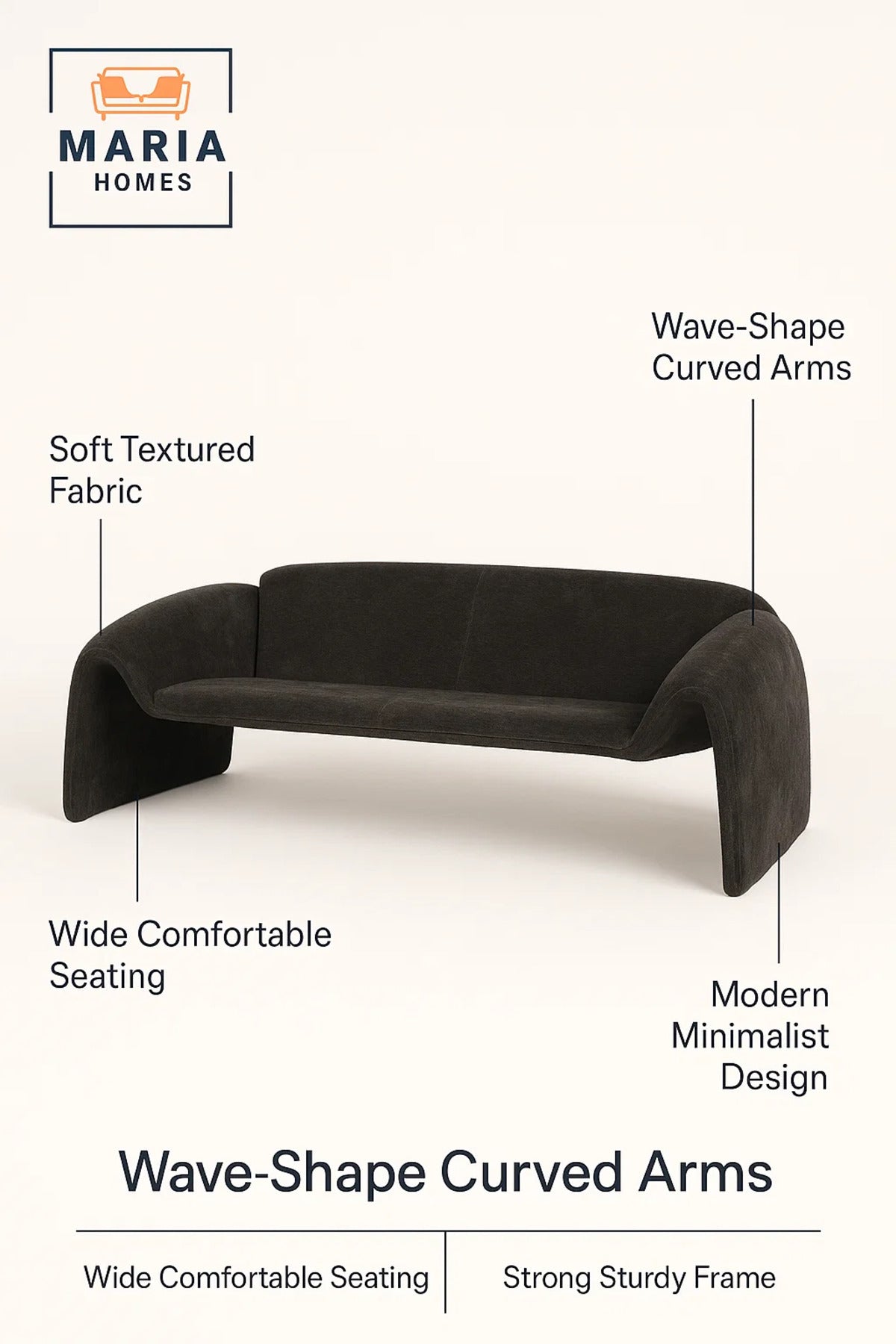 Modern Gray Sofa √ê Curved Fabric 3-Seater for Living Room & Lounge Spaces