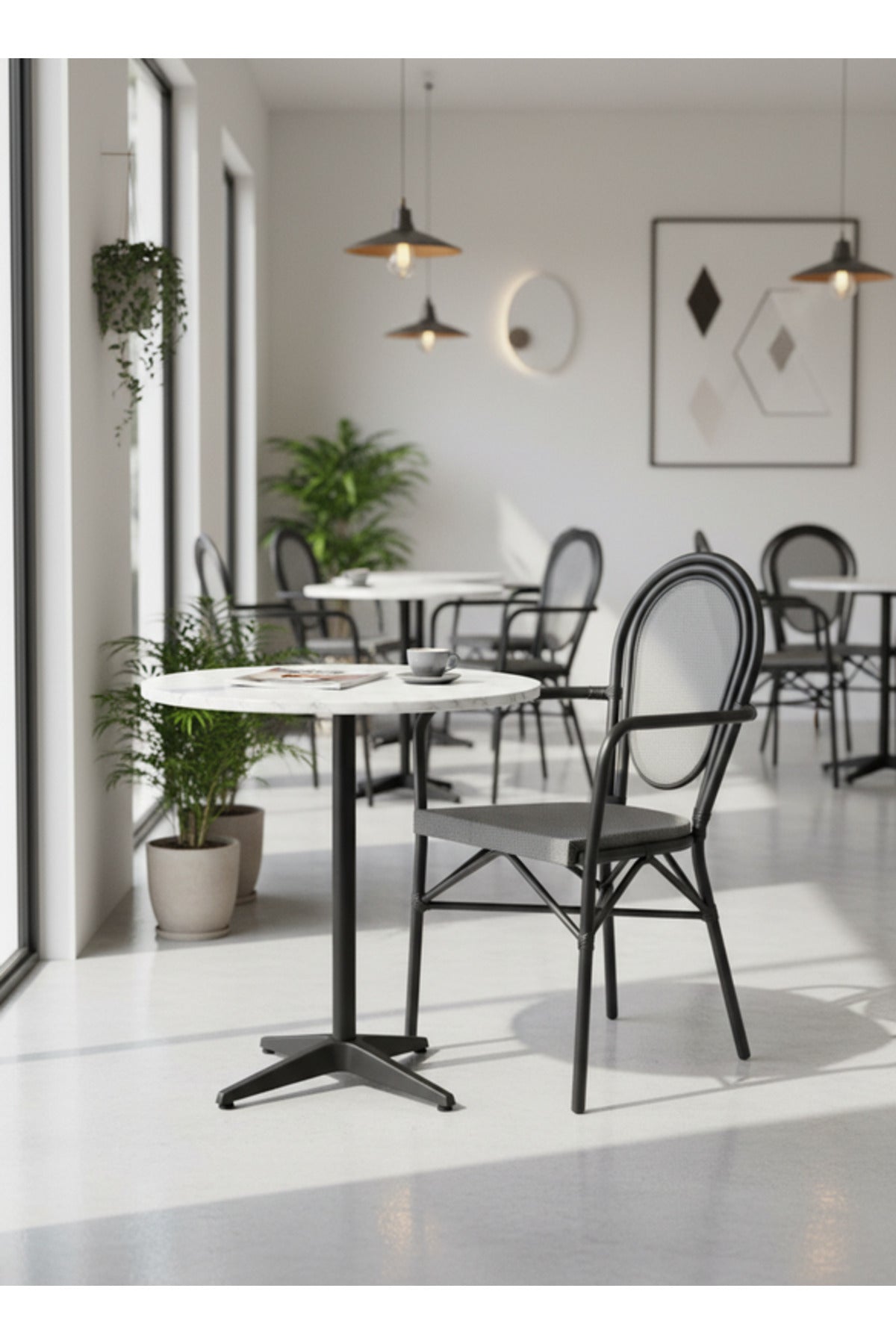 Modern BLACK&GRAY Outdoor Rattan Armchair with Woven Seat & Metal Frame