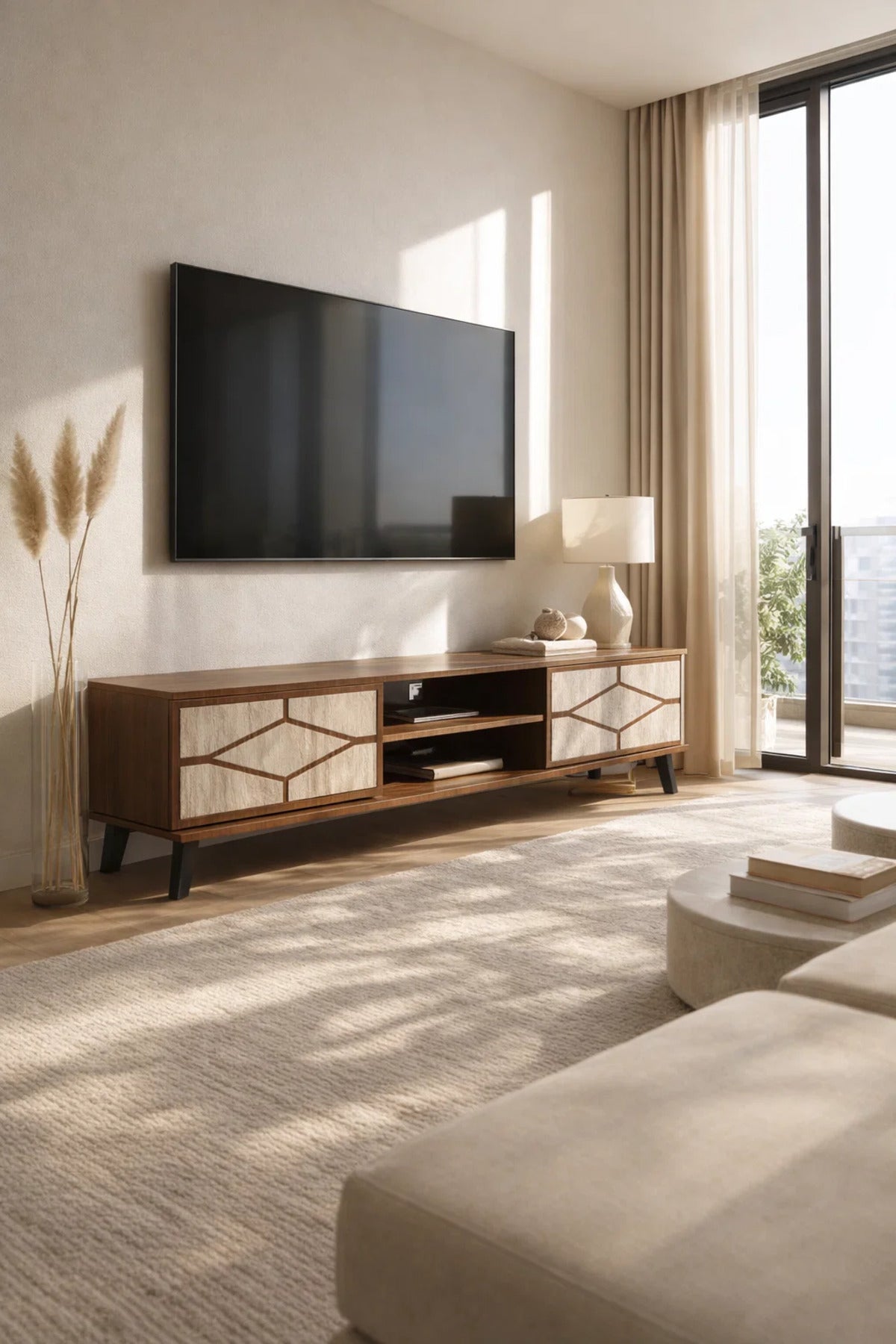 Modern Wooden TV Stand Dark Brown with Beige Stone Pattern 180 x 40 x 43 cm