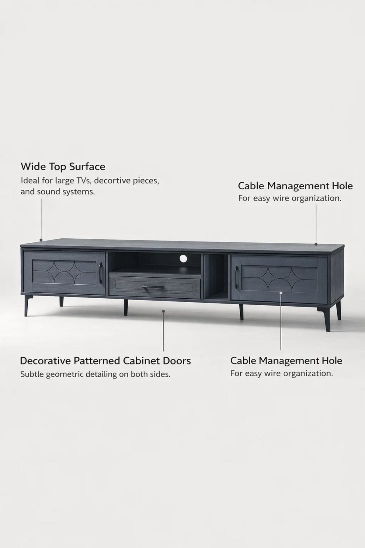 Dark Grey TV Unit 200cm Wide Modern Media Cabinet with Geometric Doors and Storage for Living Room