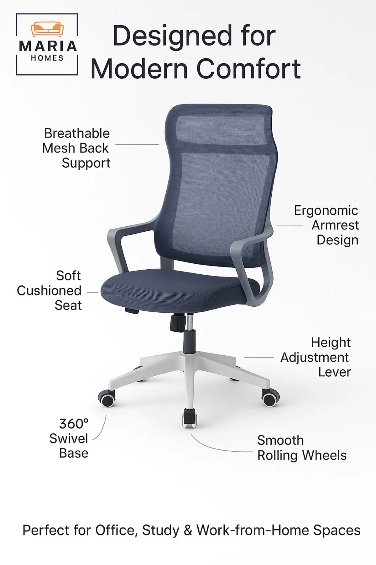 Ergonomic Office Chair with High Mesh Back √ê Swivel, Adjustable Height & Comfortable Design