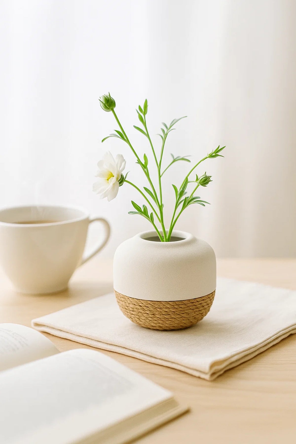 White Ceramic Round Rope Vase Ð Modern Decorative Flower Pot for Home and Office DŽcor