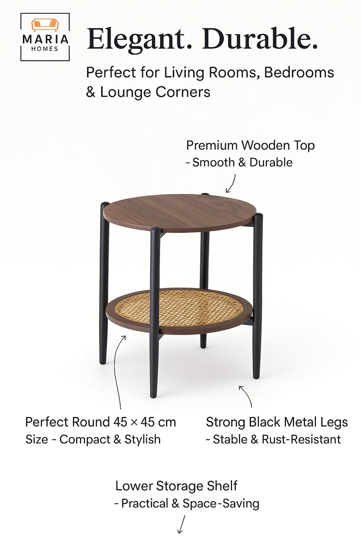 Modern Coffee Brown Side Table √ê Round Coffee Table with Rattan Storage Shelf 45_45_55 cm