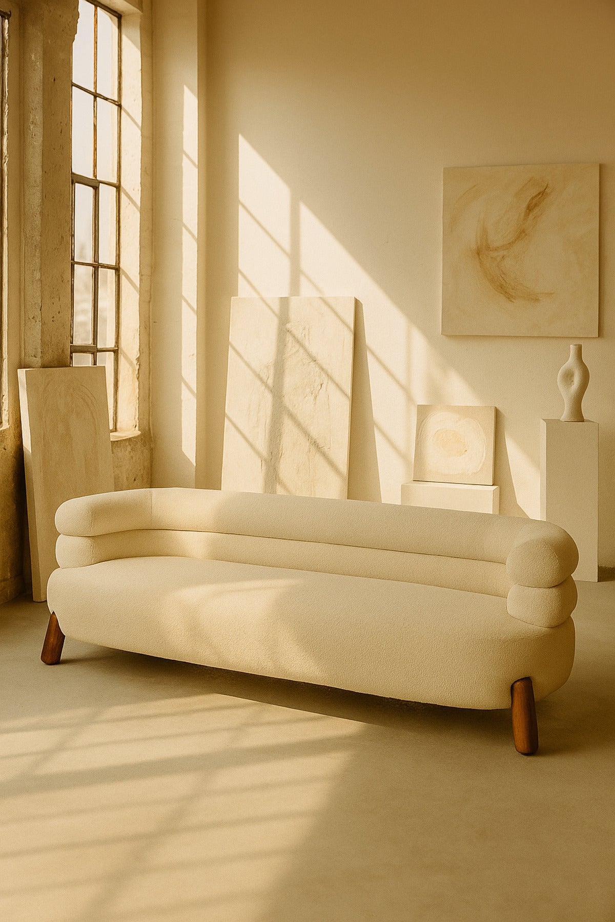 Modern Cream Bubble Sofa Ð Contemporary Fabric Couch with Rounded Backrest & Wooden Legs