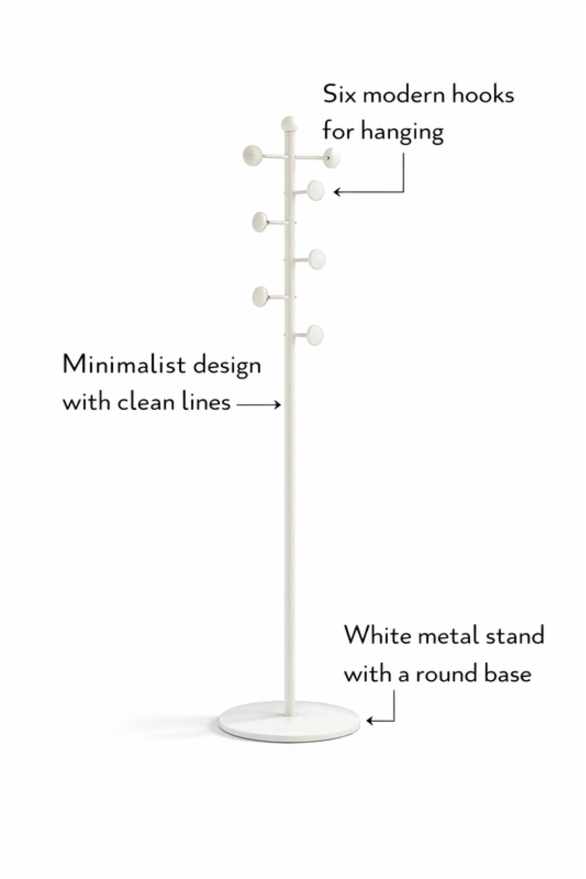 Minimalist White Floor Standing Coat Rack with Round Knobs for Entryway Bedroom and Office Storage