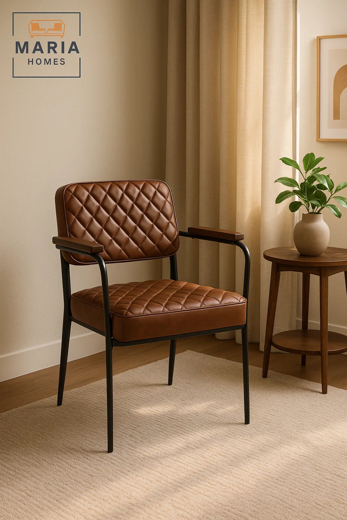 Modern Brown Leather Dining Chair Ð Quilted Accent Chair with Armrests and Black Metal Frame