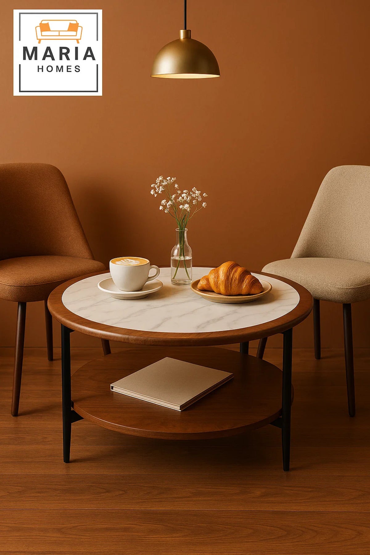 Center Table White With Marble Style Top And Walnut Round Coffee Table With Dual Shelf