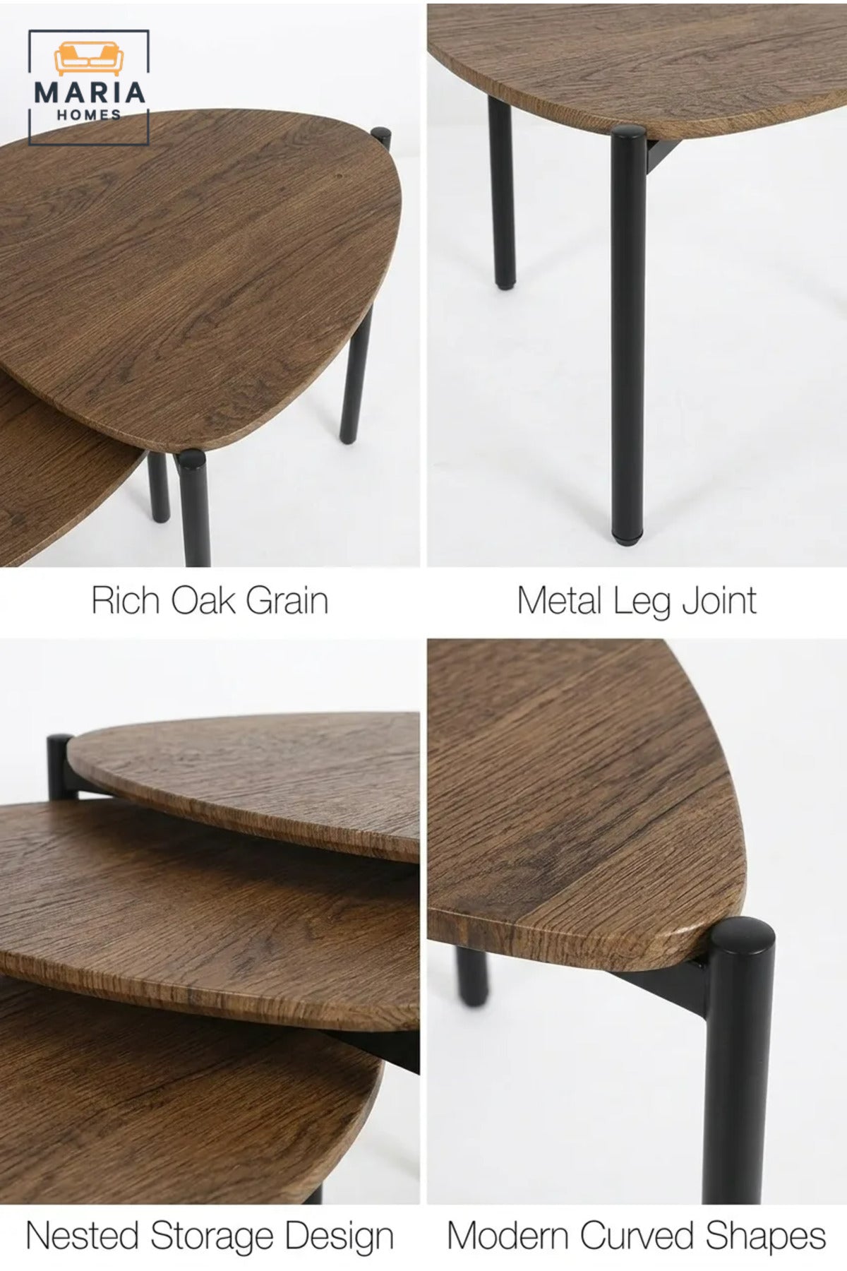 Set of 3 Nesting Coffee Tables with Wooden Tops and Slim Metal Legs, Space-Saving Side Tables for Living Room, Bedroom, Lounge and Office