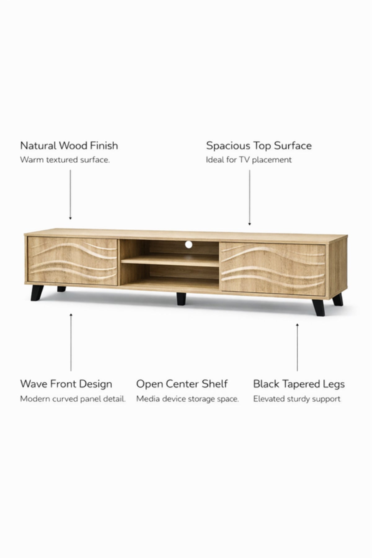 Modern Wood Finish TV Stand with Decorative Wave Panels and Storage