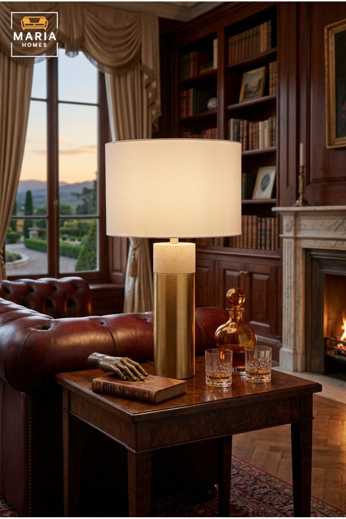 Modern Gold and Marble Table Lamp with White Drum Fabric Shade and Slim Cylindrical Base for Bedroom, Living Room, Office, Hotel and Bedside Décor