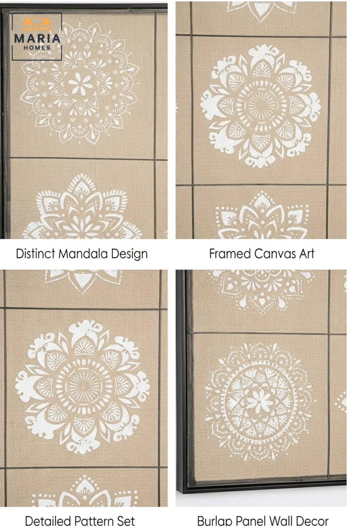 Modern Mandala Wall Art with Slim Black Frame, White Floral Pattern on Neutral Beige Canvas for Living Room, Bedroom, Hallway and Office Décor