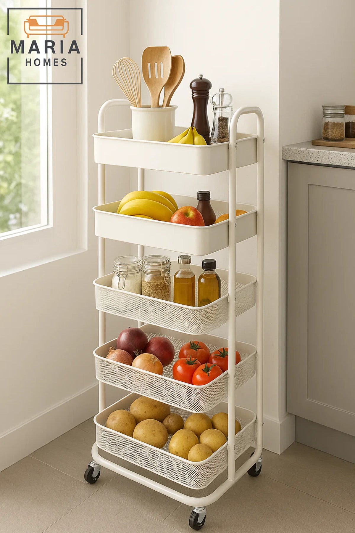 5-Tier Rolling Storage Cart Ð White Metal Wheels for Home, Office, Kitchen Use