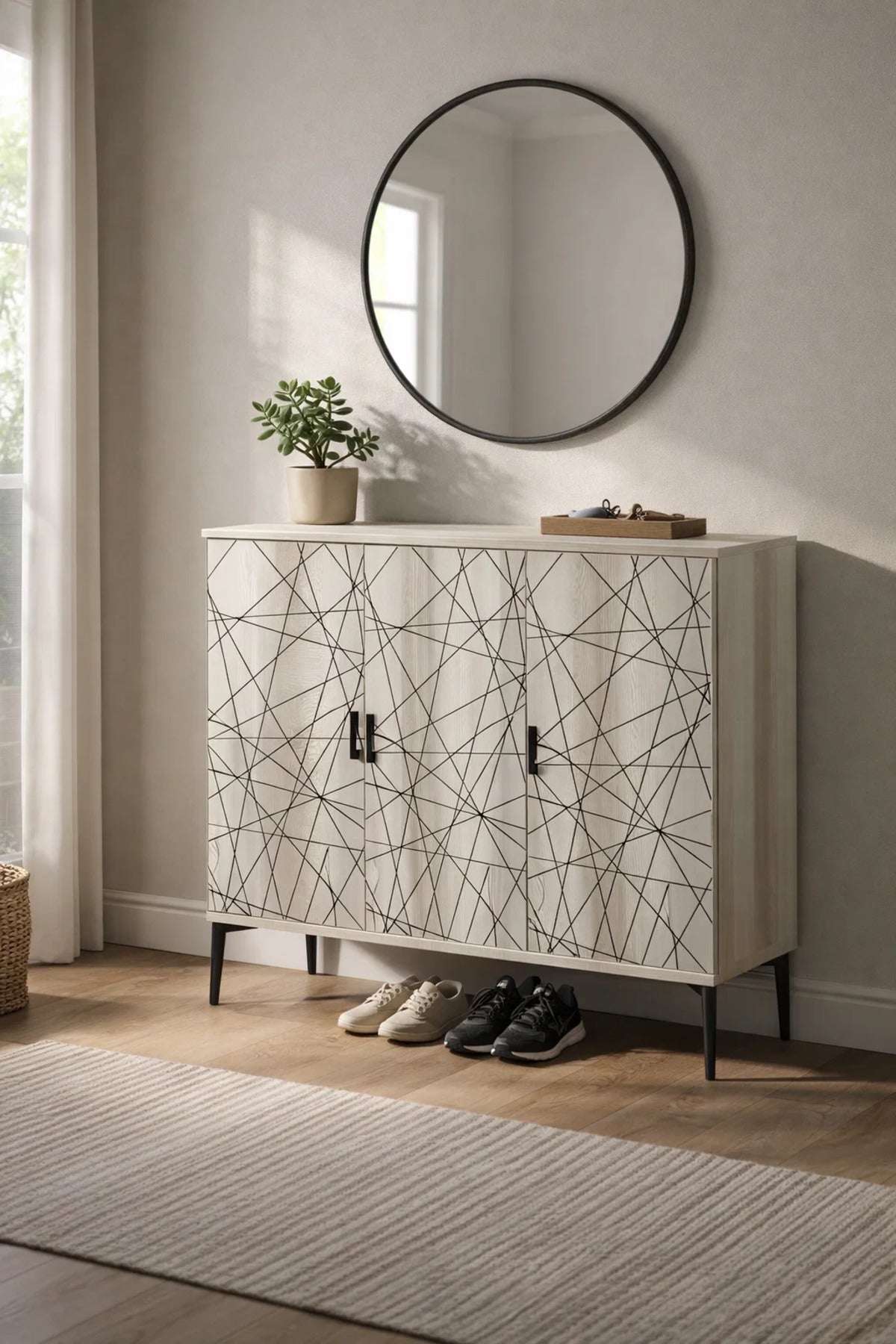 Stylish Geometric Shoe Cabinet 3 Door White Oak Finish with Black Metal Legs for Modern Home Entry