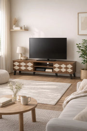 Modern Wooden TV Stand Dark Brown with Beige Stone Pattern 180 x 40 x 43 cm