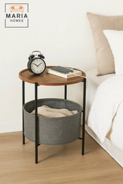 Compact Round Display Table with Dark Stone Finish and Short Black Legs