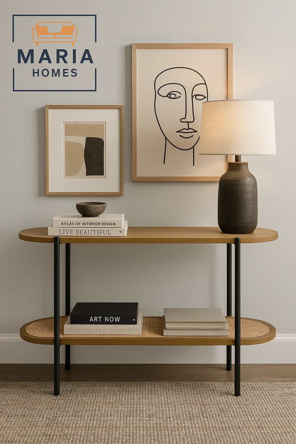 Oval Console Table with Wood Top and Rattan Shelf Ð Black Frame