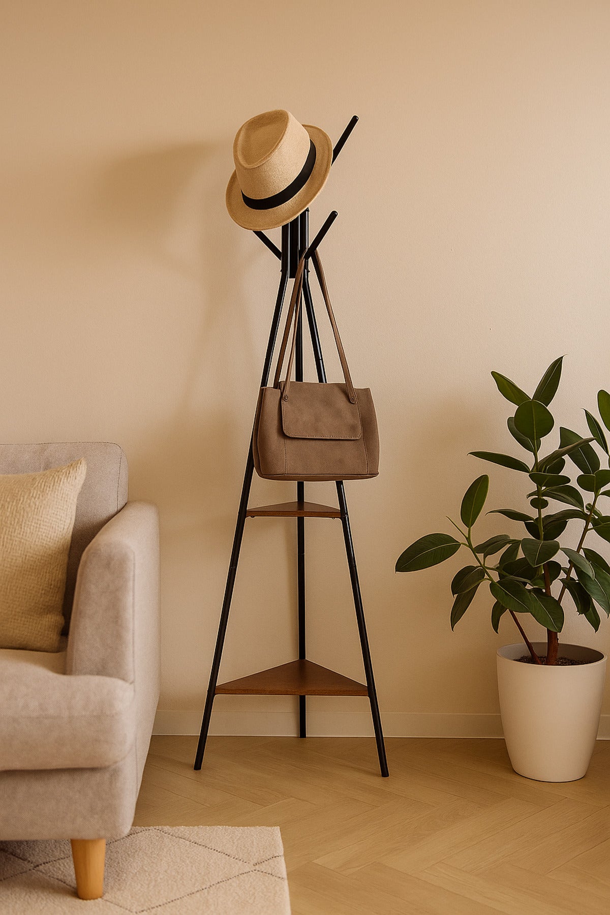 Modern Black Coat Rack Ð Metal Clothes Stand with Dual Wooden Shelves for Entryway & Bedroom